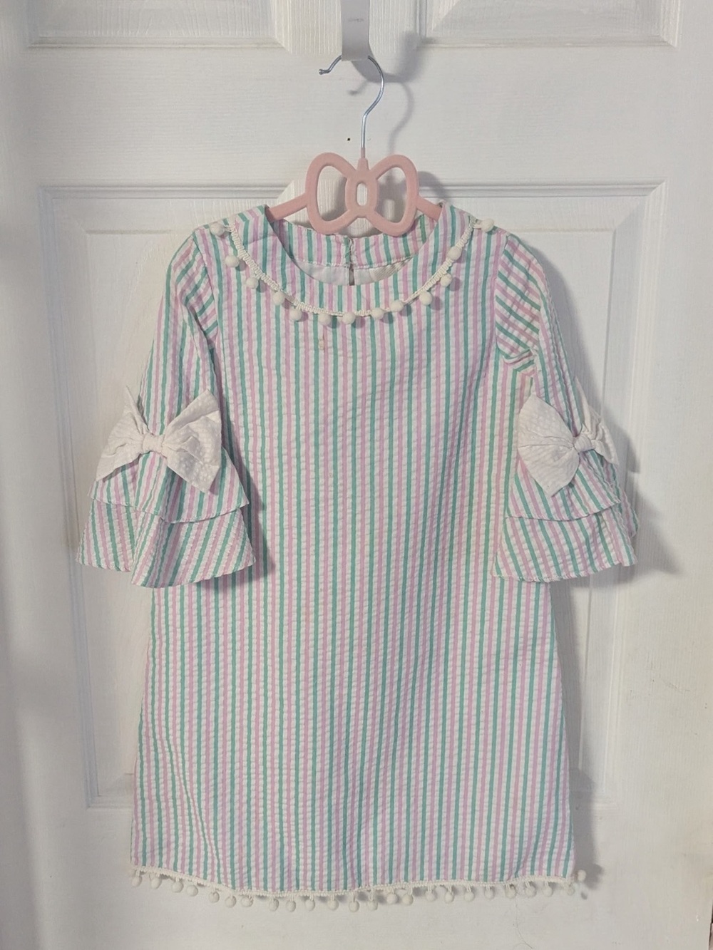 Girls' Pink & Mint Stripe Pom-Trim Dress